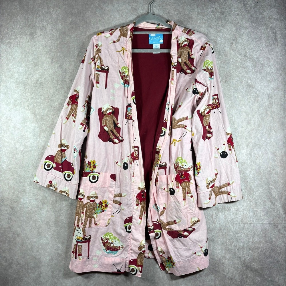 Nick & Nora Wrap Robe Womens Size Small/Medium Pink Sock Monkey Print Lined